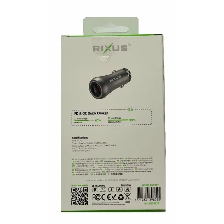 Incarcator Auto Rapid Rixus 1 x USB-C si 1 x USB-A 38W Gri