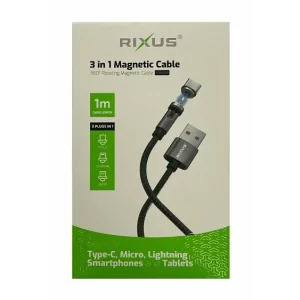 Rixus Cablu Magnetic de Date si Incarcare Rapida 3 in 1 Negru 1M