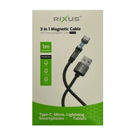 Rixus Cablu Magnetic de Date si Incarcare Rapida 3 in 1 Negru 1M