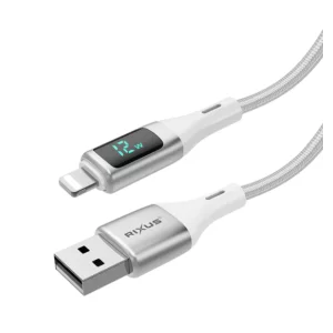 Cablu Date si Incarcare Rixus USB-A to Lightning Impletit cu afisaj LED 1M Alb (Compatibil)