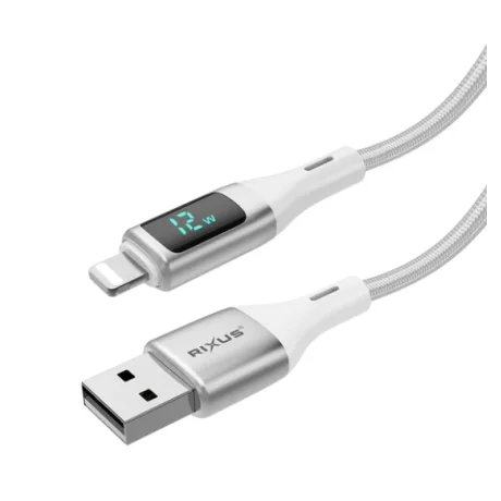 Cablu Date si Incarcare Rixus USB-A to Lightning Impletit cu afisaj LED 1M Alb (Compatibil)