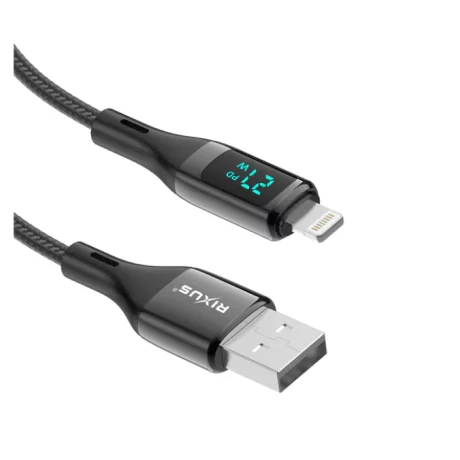 Cablu Date si Incarcare Rixus USB-A to Lightning Impletit cu Afisaj LED 1M Negru (Compatibil)