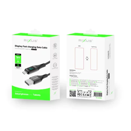 Cablu Date si Incarcare Rixus USB-A to Lightning Impletit cu Afisaj LED 1M Negru (Compatibil)