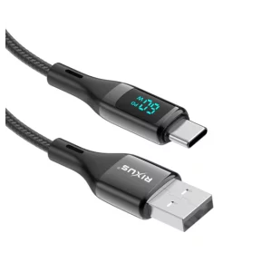 Cablu Date si Incarcare Rixus USB-A / USB-C Impletit cu Afisaj LED 1M Negru (Compatibil)