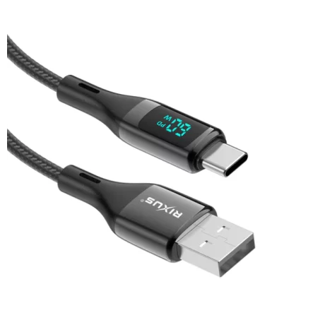 Cablu Date si Incarcare Rixus USB-A / USB-C Impletit cu Afisaj LED 1M Negru (Compatibil)