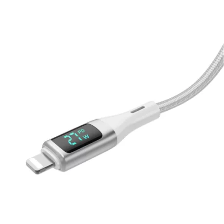 Cablu Date si Incarcare Rixus USB-C to Lightning Impletit cu afisaj LED 1M Alb (Compatibil)