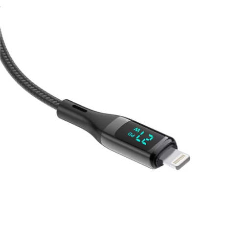 Cablu Date si Incarcare Rixus USB-C to Lightning Impletit cu Afisaj LED 1M Negru (Compatibil)