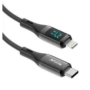 Cablu Date si Incarcare Rixus USB-C to Lightning Impletit cu Afisaj LED 1M Negru (Compatibil)