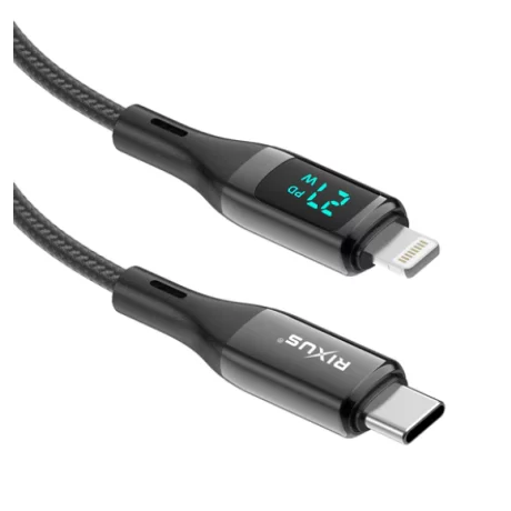 Cablu Date si Incarcare Rixus USB-C to Lightning Impletit cu Afisaj LED 1M Negru (Compatibil)