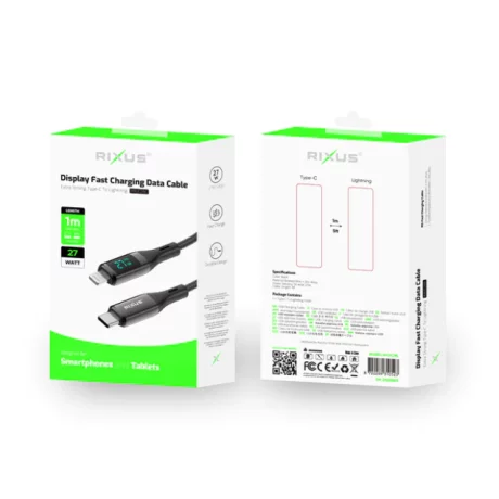 Cablu Date si Incarcare Rixus USB-C to Lightning Impletit cu Afisaj LED 1M Negru (Compatibil)