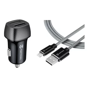 Incarcator Auto Dual 2 x USB-A 12W Negru cu Cablu USB-A/ Lightning MFi Fast Rope Gri 0.3 M Tactical