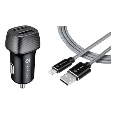 Incarcator Auto Dual 2 x USB-A 12W Negru cu Cablu USB-A/ Lightning MFi Fast Rope Gri 0.3 M Tactical