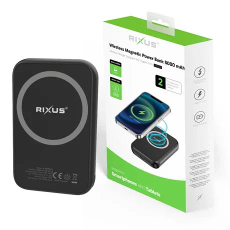 Baterie Magnetica Externa Wireless Rixus RXPB28, 5000mAh, 15W, PD + Qi, 1 X USB-C Port, Neagra