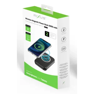 Baterie Magnetica Externa Wireless Rixus RXPB28, 5000mAh, 15W, PD + Qi, 1 X USB-C Port, Neagra