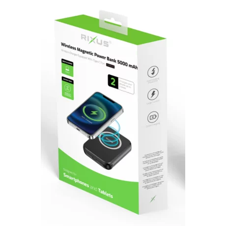 Baterie Magnetica Externa Wireless Rixus RXPB28, 5000mAh, 15W, PD + Qi, 1 X USB-C Port, Neagra