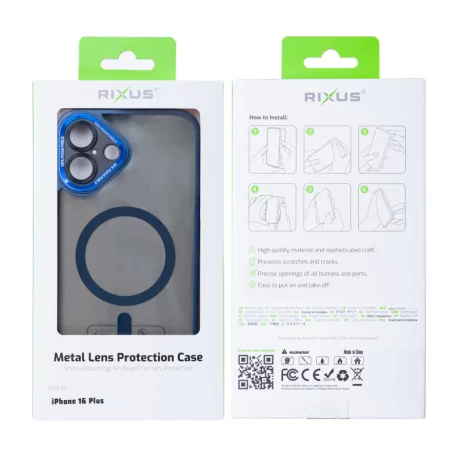 Husa iPhone 16 Plus Rixus Magsafe cu Protectie Metalica Integrata pentru Camera Albastru Inchis
