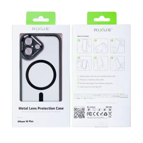 Husa iPhone 16 Plus Rixus Magsafe cu Protectie Metalica Integrata pentru Camera Neagra