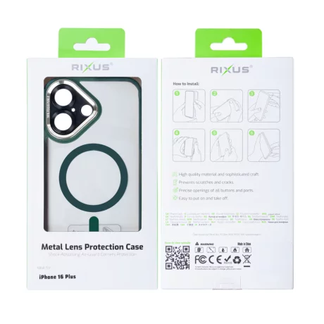 Husa iPhone 16 Plus Rixus Magsafe cu Protectie Metalica Integrata pentru Camera Verde Inchis