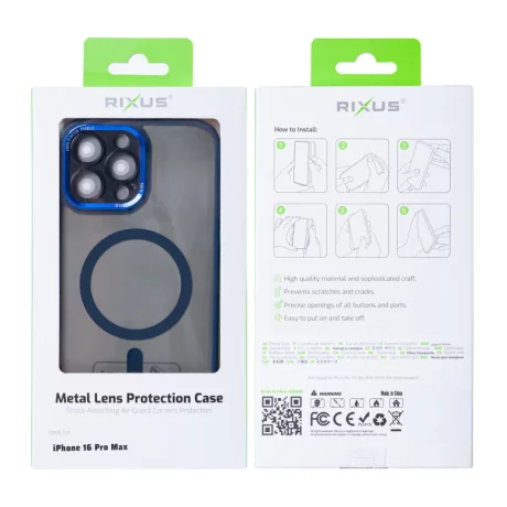 Husa iPhone 16 Pro Max Rixus Magsafe cu Protectie Metalica Integrata pentru Camera Albastru Inchis