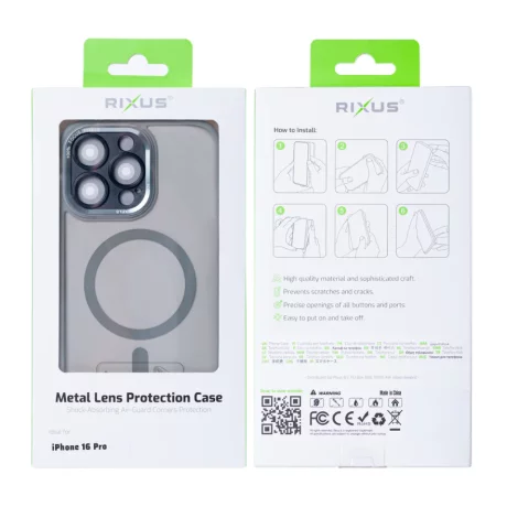 Husa iPhone 16 Pro Max Rixus Magsafe cu Protectie Metalica Integrata pentru Camera Gri