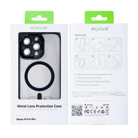 Husa iPhone 16 Pro Max Rixus Magsafe cu Protectie Metalica Integrata pentru Camera Neagra