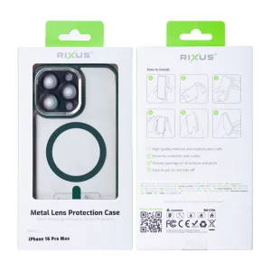 Husa iPhone 16 Pro Max Rixus Magsafe cu Protectie Metalica Integrata pentru Camera Verde Inchis