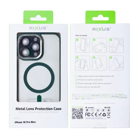 Husa iPhone 16 Pro Max Rixus Magsafe cu Protectie Metalica Integrata pentru Camera Verde Inchis