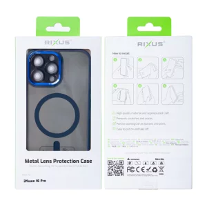 Husa iPhone 16 Pro Rixus Magsafe cu Protectie Metalica Integrata pentru Camera Albastru Inchis
