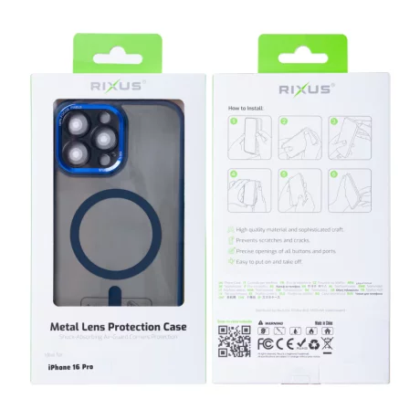 Husa iPhone 16 Pro Rixus Magsafe cu Protectie Metalica Integrata pentru Camera Albastru Inchis