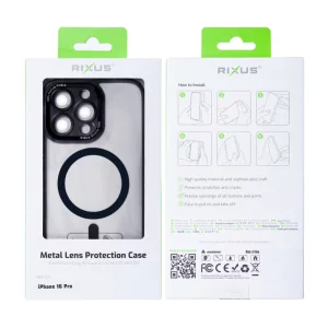 Husa iPhone 16 Pro Rixus Magsafe cu Protectie Metalica Integrata pentru Camera Neagra