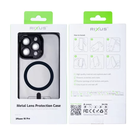 Husa iPhone 16 Pro Rixus Magsafe cu Protectie Metalica Integrata pentru Camera Neagra