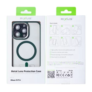 Husa iPhone 16 Pro Rixus Magsafe cu Protectie Metalica Integrata pentru Camera Verde Inchis