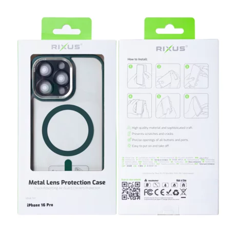 Husa iPhone 16 Pro Rixus Magsafe cu Protectie Metalica Integrata pentru Camera Verde Inchis