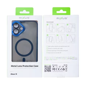 Husa iPhone 16 Rixus Magsafe cu Protectie Metalica Integrata pentru Camera Albastru Inchis