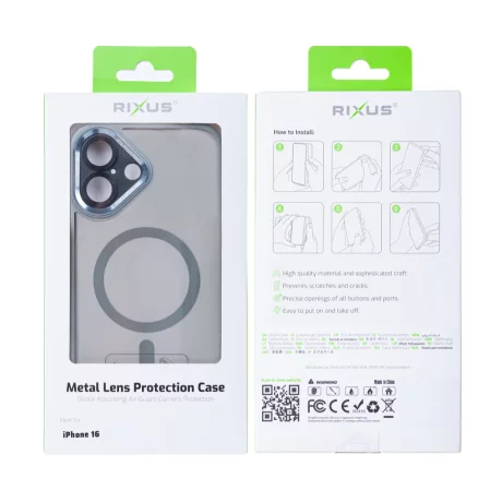 Husa iPhone 16 Rixus Magsafe cu Protectie Metalica Integrata pentru Camera Gri