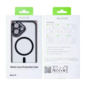 Husa iPhone 16 Rixus Magsafe cu Protectie Metalica Integrata pentru Camera Neagra