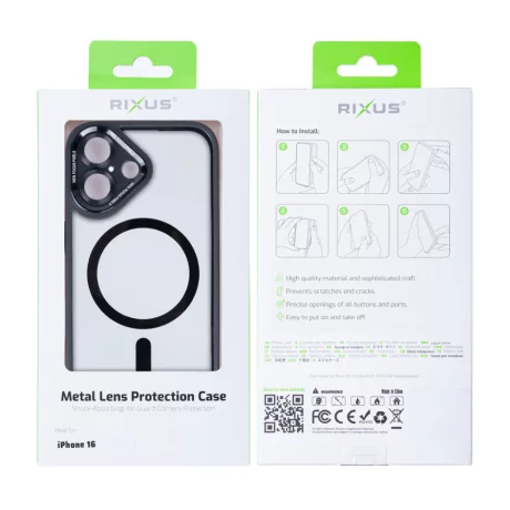 Husa iPhone 16 Rixus Magsafe cu Protectie Metalica Integrata pentru Camera Neagra