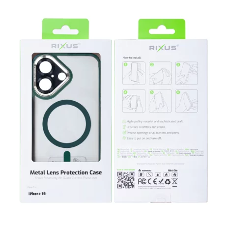 Husa iPhone 16 Rixus Magsafe cu Protectie Metalica Integrata pentru Camera Verde Inchis