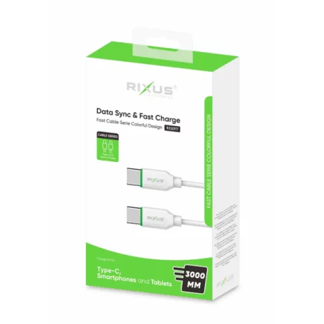 Cablu Date si Incarcare Rixus USB-C/ USB-C Incarcare Rapida 3M Alb