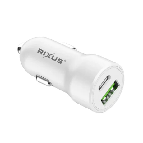 Incarcator Auto Ultra Rapid Rixus 1 x USB-C si 1 x USB-A 38W Alb
