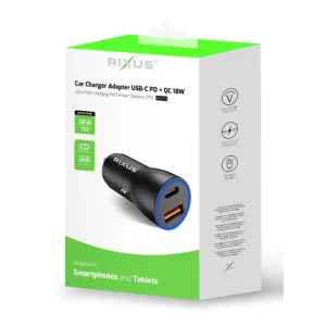 Incarcator Auto Ultra Rapid Rixus 1 x USB-C si 1 x USB-A 38W Negru