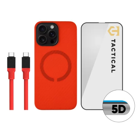 Set Husa + Cablu Incarcare + Folie Protectie iPhone 16 Pro Max Tactical Rosu