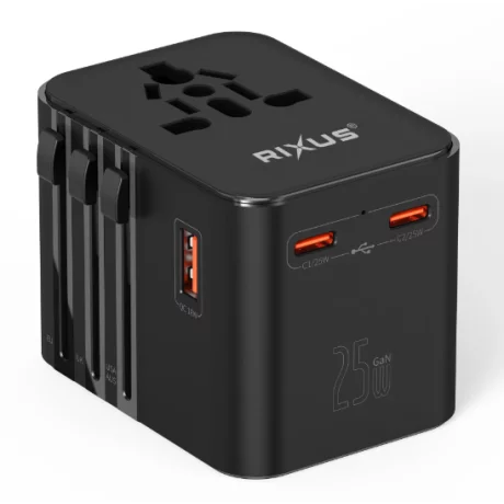 Incarcator Retea Rixus World Travel Adapter - 2 x USB-C, 1 x USB-A 25W Negru