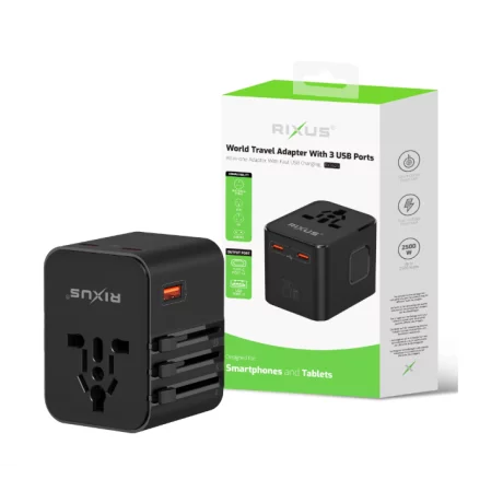 Incarcator Retea Rixus World Travel Adapter - 2 x USB-C, 1 x USB-A 25W Negru