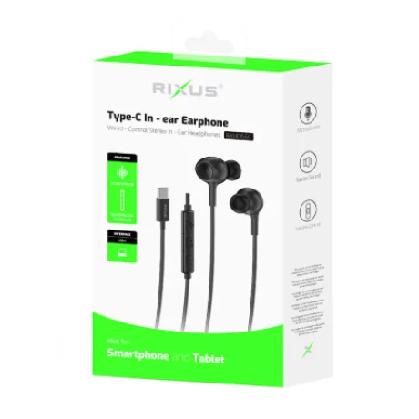 Casti Rixus cu Fir si Microfon USB-C Negre