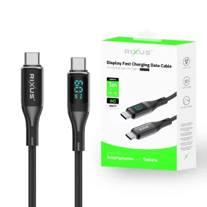 Cablu Date si Incarcare Rixus USB-C to USB-C cu Afisaj LED 1M Negru (Compatibil)